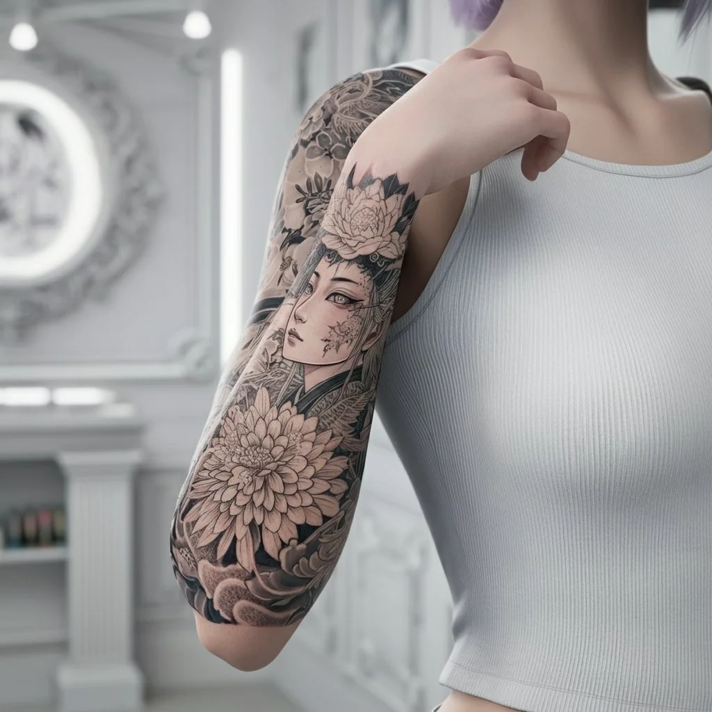 Black and grey floral sleeve tattoo on female arm by professional tattoo artist in Pembroke Pines