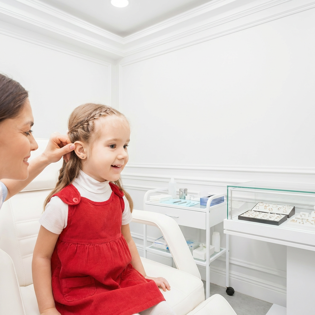Child getting ear piercing with mother present in clean professional piercing studio
