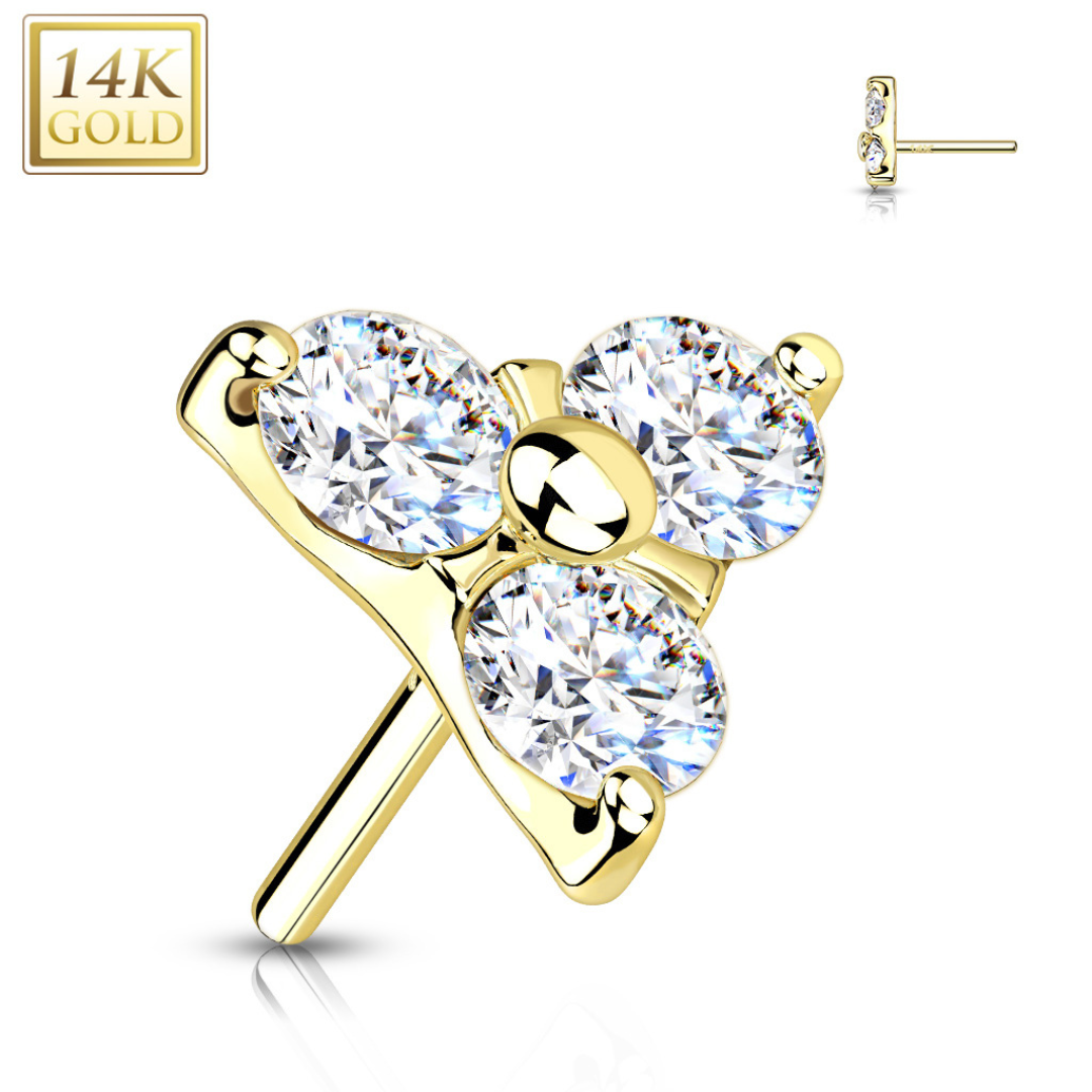 14K gold triple-stone piercing stud jewelry at Salvation Beauty Ink in Pembroke Pines