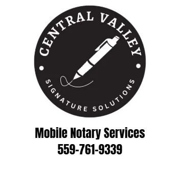 Logo for Central Valley Signature Solutions with a pen drawing a signature, and text advertising mobile notary services with a phone number.