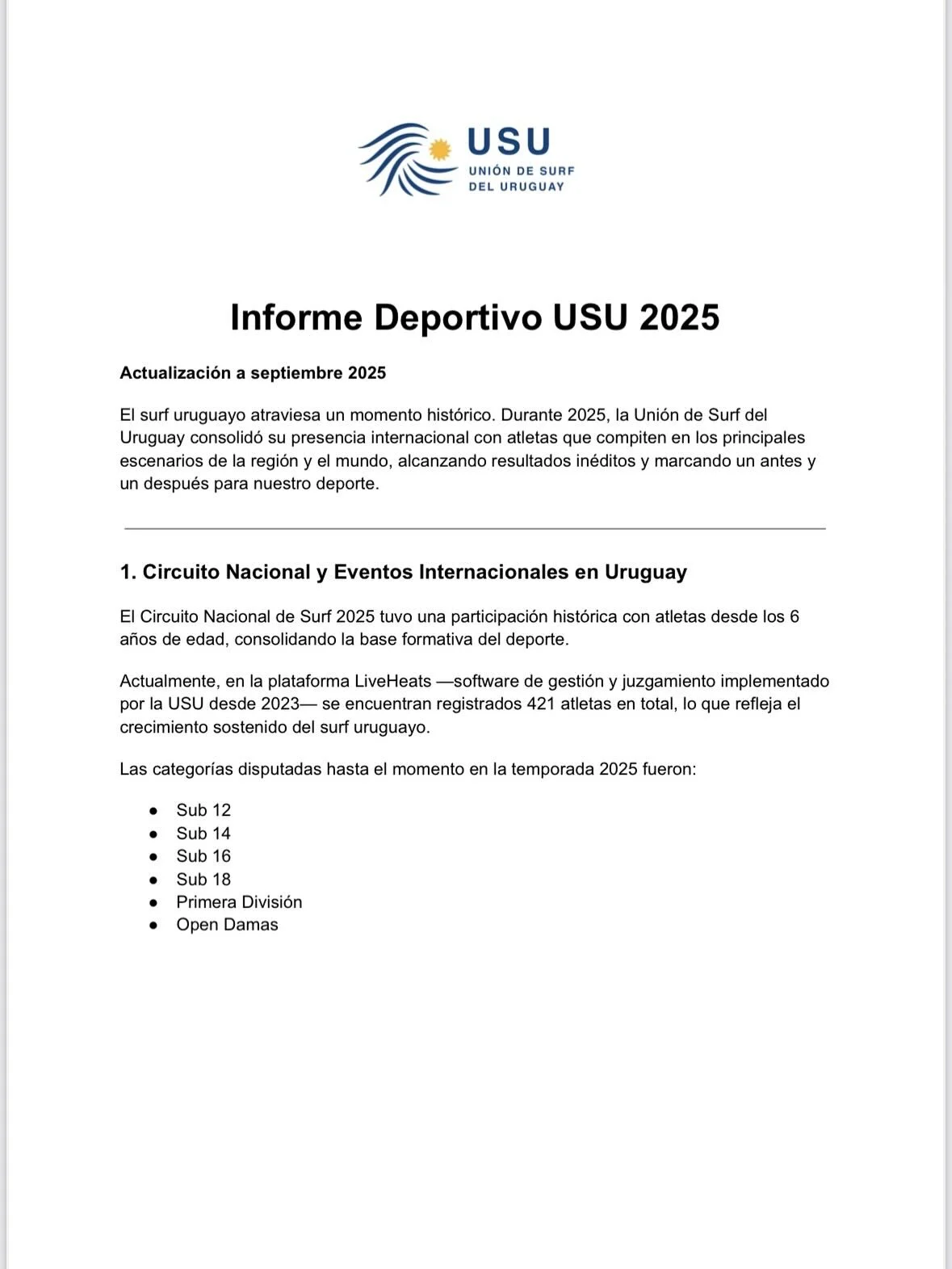La Comisi&oacute;n Directiva USU le pidi&oacute; al Director T&eacute;cnico elaborar un informe de  gesti&oacute;n de los primeros 6 meses, el cual estamos adjuntando. 
Muy agradecidos por los resultados obtenidos y estamos seguros este ser&aacute; e