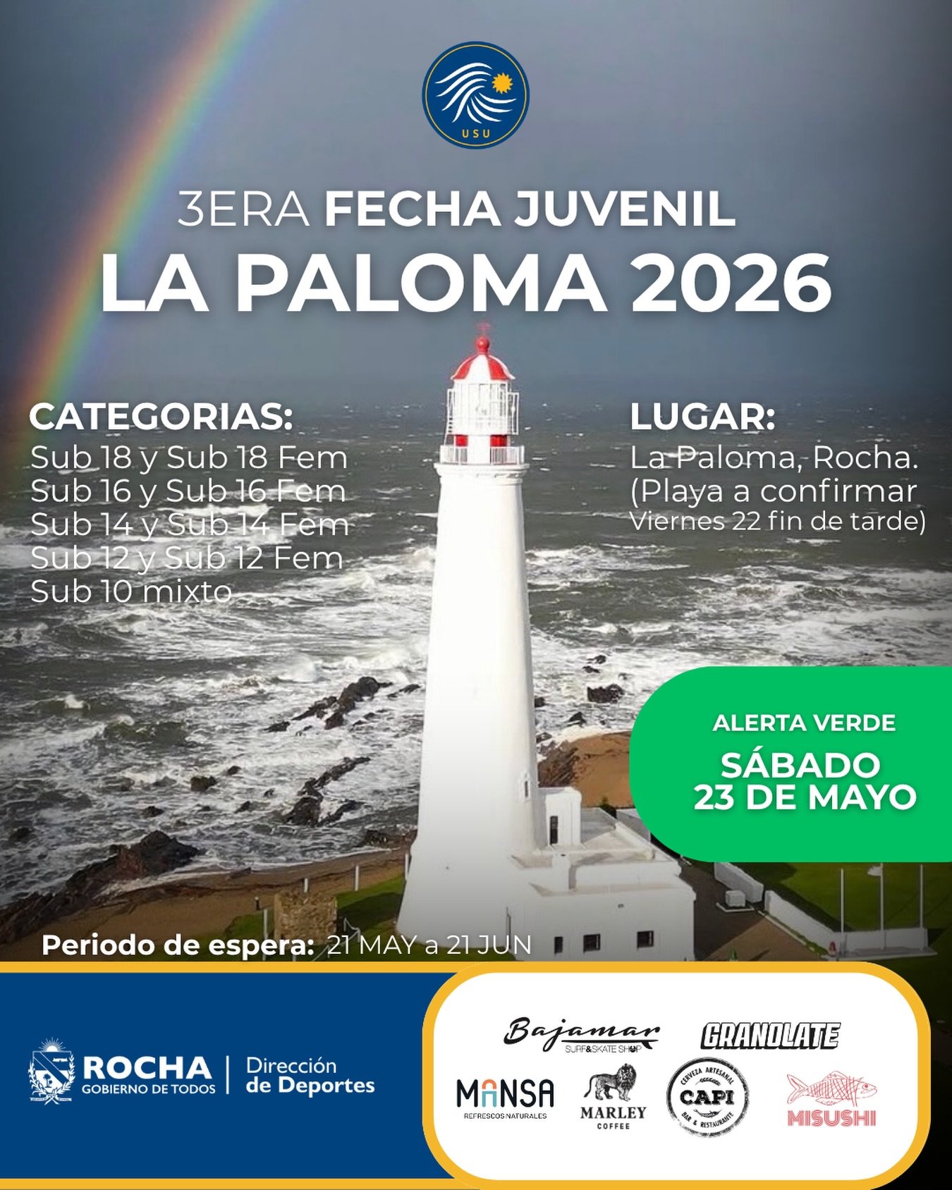 🟢🟢 ATENCI&Oacute;N - ALERTA VERDE 🟢🟢

Estamos viendo el pron&oacute;stico que indica buenas condiciones para el dia Sabado 23 de Mayo en La Paloma,  Rocha. 

Quedarse atento a actualizaciones! Inscripciones abiertas en: https://www.web.ususurf.or