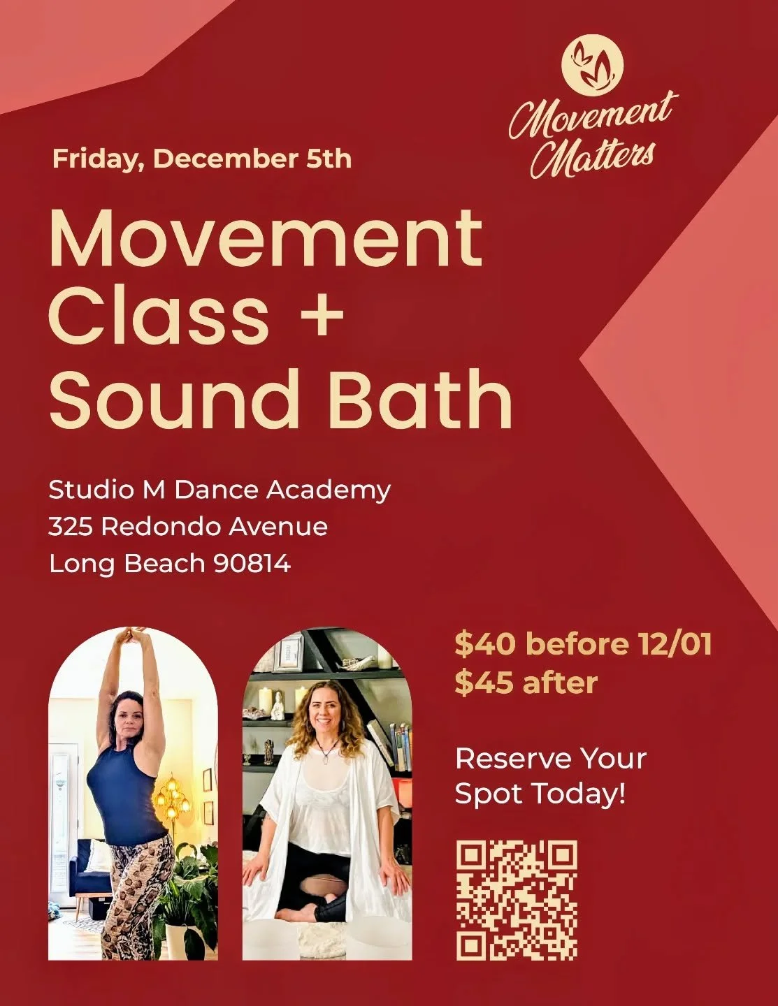 We're doing it again! 

Come as you are
Raise your vibration
Bathe in bliss

You ready?

Movement Matters 
Friday December 5th
6:30-8pm

$40 Early Bird Pricing before 12/01

#movementlongbeach
#movementmatters
#soundbathlongbeach