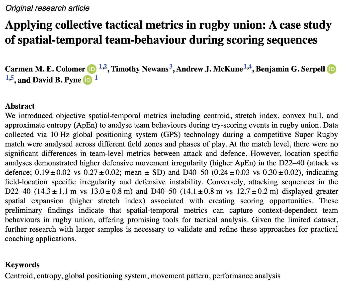 Publication - Applying collective tactical metrics in rugby union: A case study of spatial-temporal team-behaviour during scoring sequences