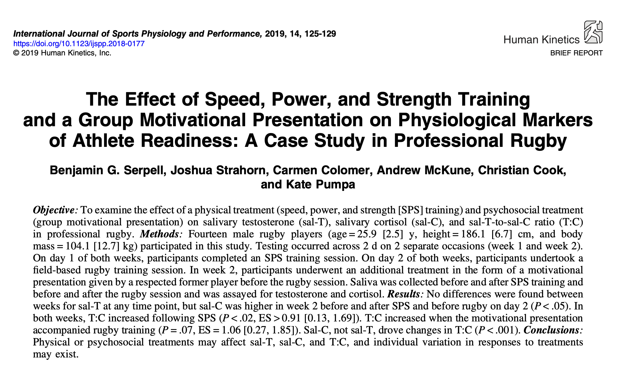 Publication - The Effect of Speed, Power, and Strength Training and a Group Motivational Presentation on Physiological Markers of Athlete Readiness: A Case Study in Professional Rugby