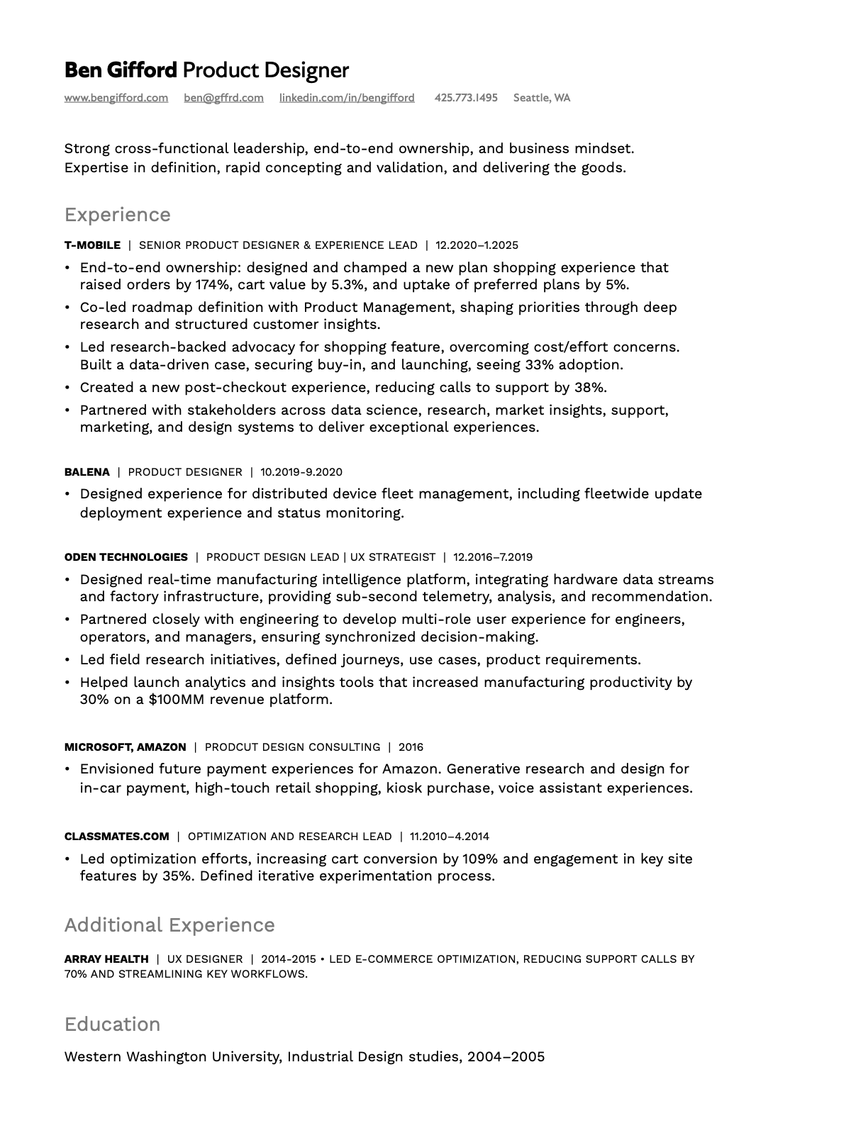 Resume for Ben Gifford, Product Designer, listing contact info, experience, and education.