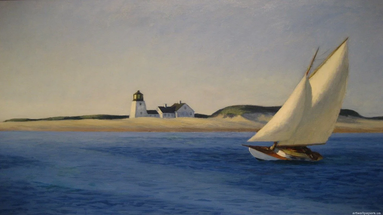 A painting of a sailboat with white sails on blue water near a shoreline with a lighthouse and houses in the background.