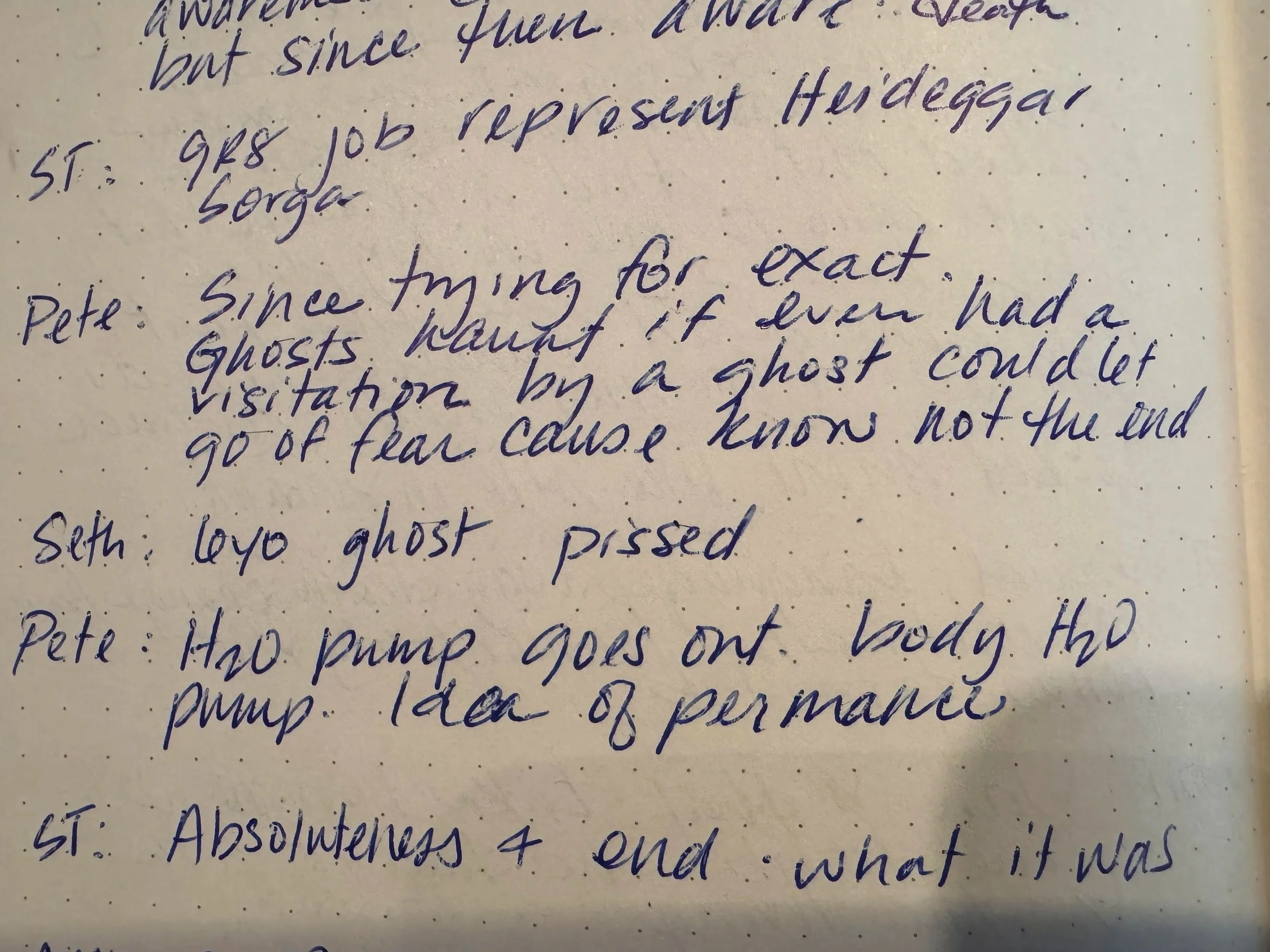 Gad's notes showing her only words for Seth's ghost story were 6yo ghost pissed