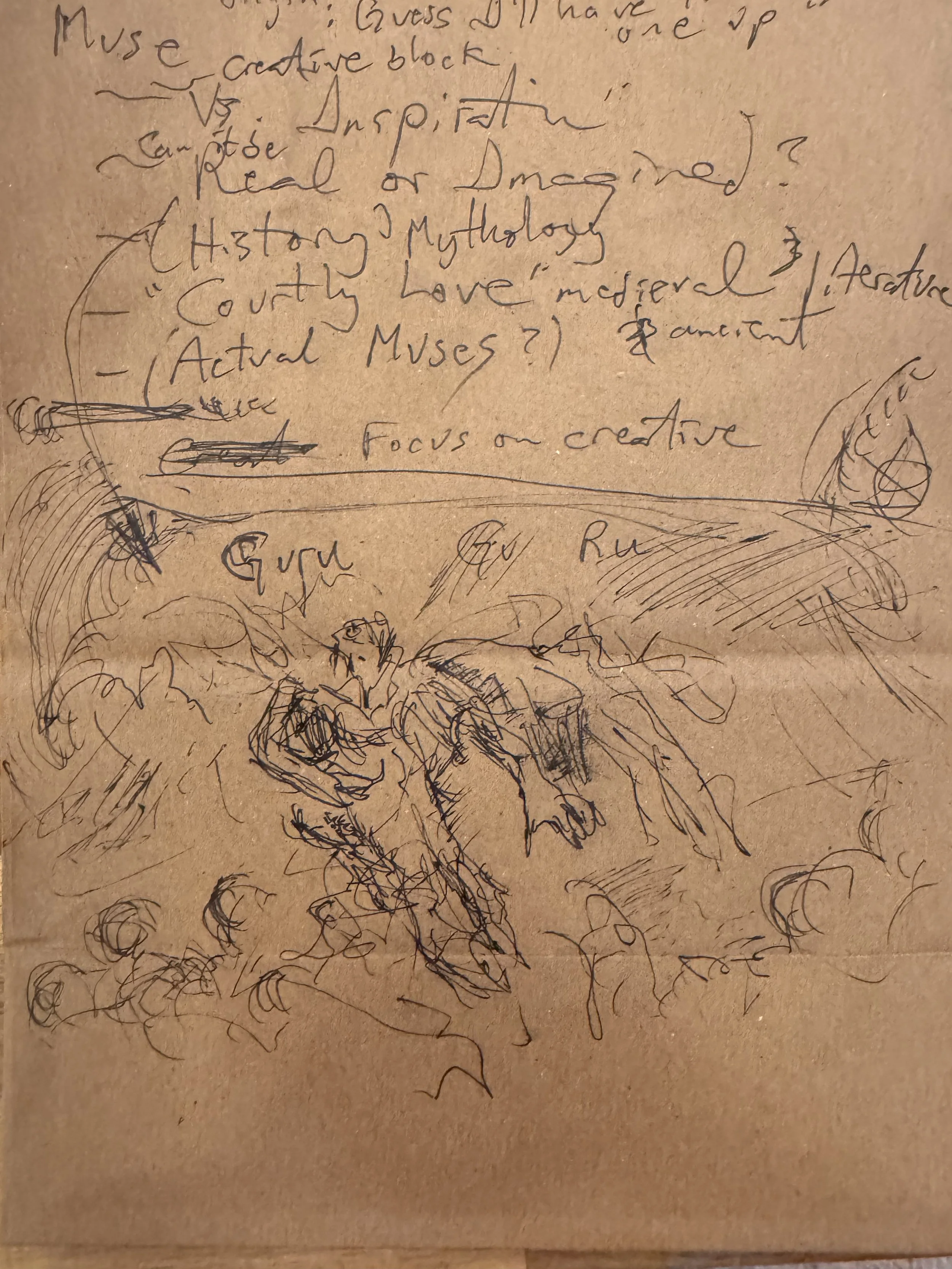 Don's notes from the evening on a paper bag with  his doodles