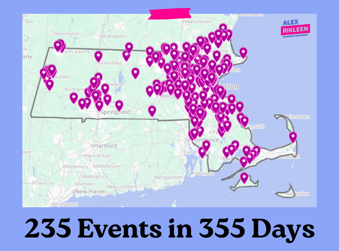 A map of Massachusetts with 235 pins in it with the label "235 events in 355 days"