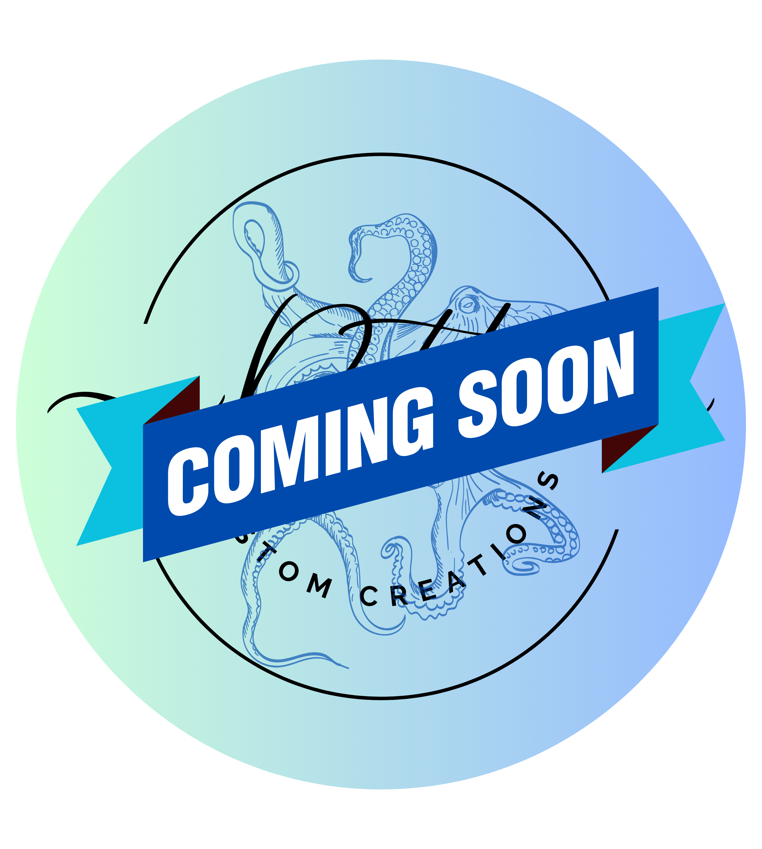 Circular graphic with a gradient background, showing an outline of an octopus and overlaid with a blue banner that reads 'Coming Soon.'
