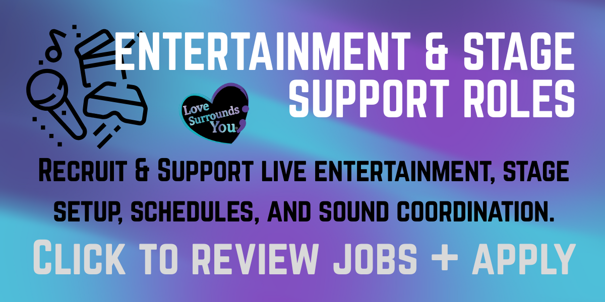 A colorful poster promoting roles for entertainment and stage support, including recruiting and supporting live entertainment, stage setup, scheduling, and sound coordination, with a call-to-action to review jobs and apply.