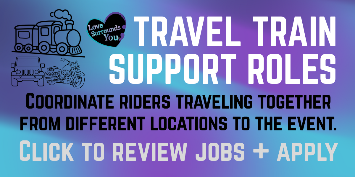 Colorful gradient background with illustrations of a train, car, motorcycle, and bike, and text about travel train support roles and coordinating riders from different locations to the event.