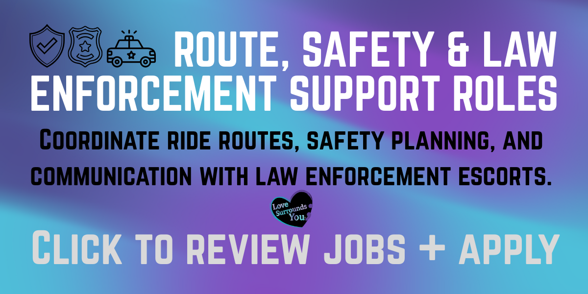 A promotional graphic for law enforcement support roles featuring icons of shields and police cars, with text about coordinating ride routes, safety planning, and communication with law enforcement escorts, along with a call to action to review jobs and apply.