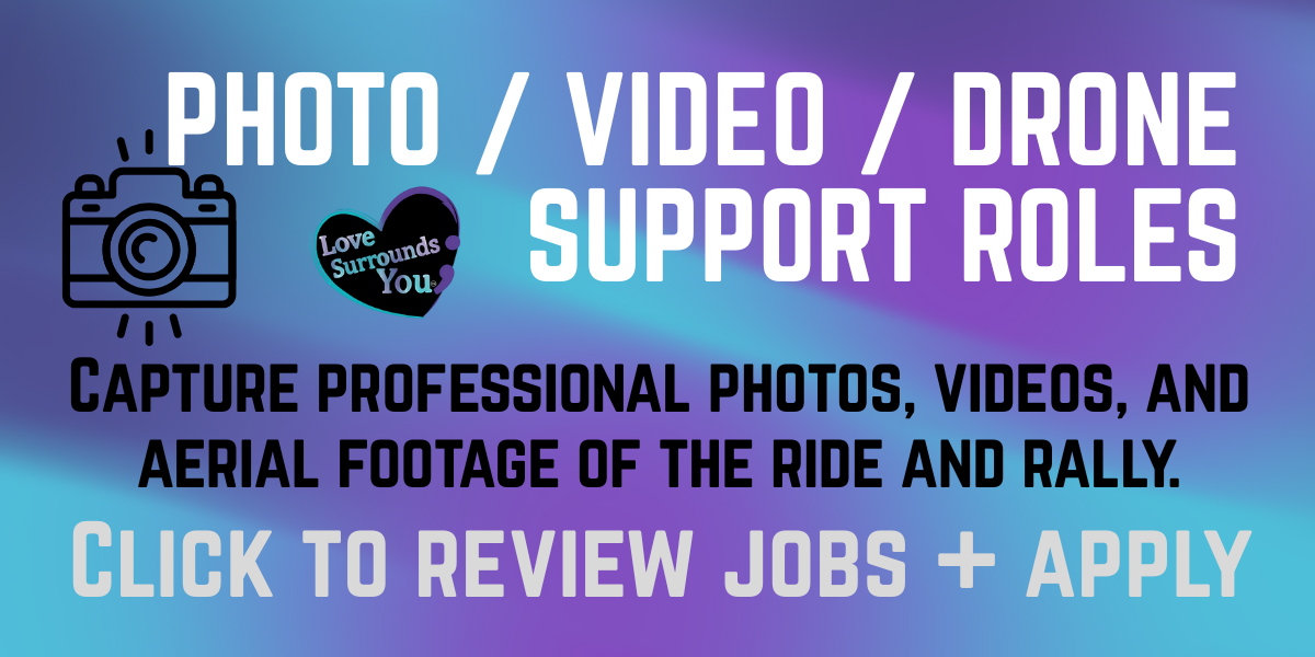 An advertisement for photo, video, and drone support roles, encouraging capturing professional media of rides and rallies, with a call to action to review jobs and apply.