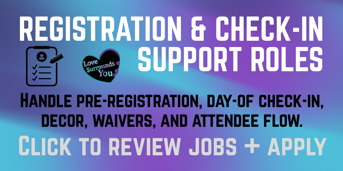 Colorful background with text about registration and support roles, including icons for checklists and hearts, encouraging reviewing jobs and applying.