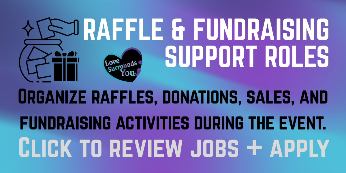 Announcement for donation fundraiser supporting roles for organizing raffles, donations, sales, and activities during an event, with instructions to review jobs and apply.