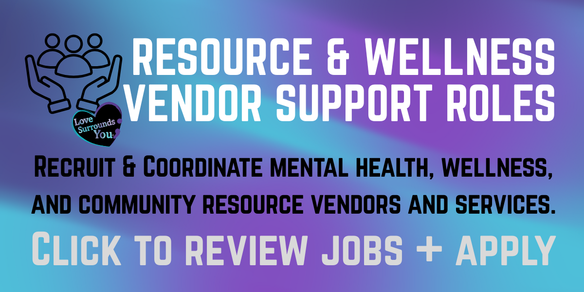 A promotional banner with a gradient blue and purple background advertising resource and wellness vendor support roles, encouraging viewers to review jobs and apply.