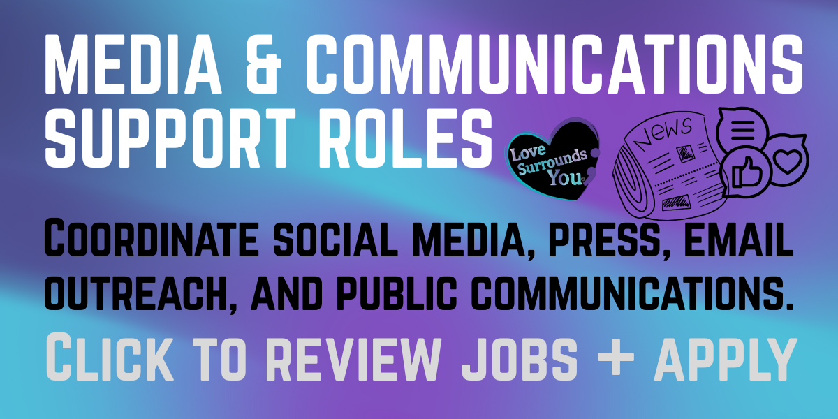 A colorful graphic promoting media and communications support roles, with icons of a heart, newspaper, and social media symbols, and text encouraging viewers to review jobs and apply.