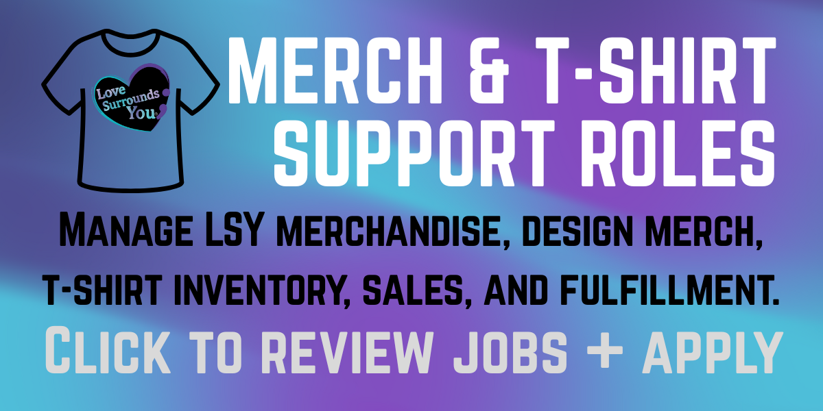 Online support roles for managing merchandise, designing shirts, and handling inventory, sales, and fulfillment, with a graphic of a T-shirt and text encouraging review and application.
