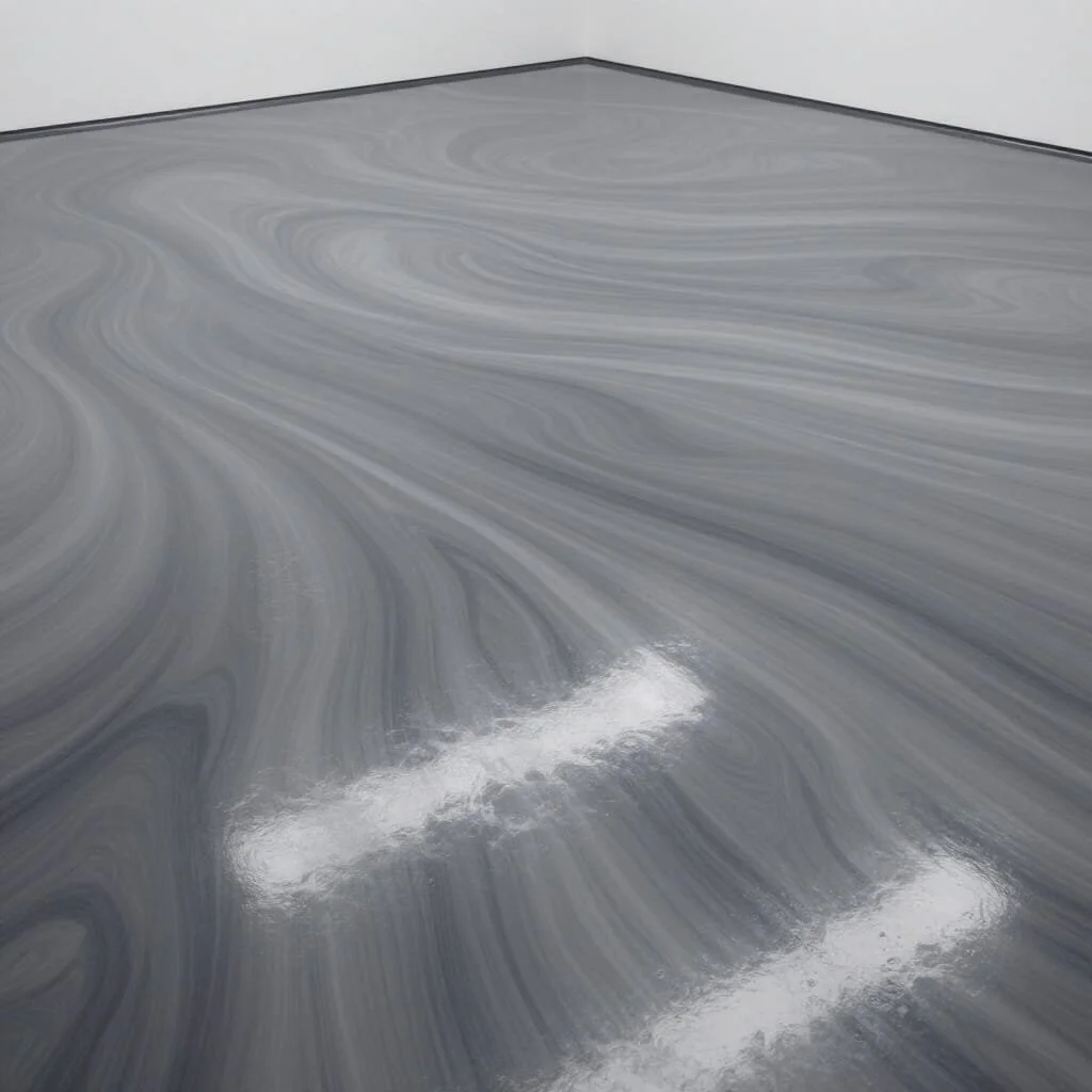 Gray epoxy marble flooring with swirling pattern and white streaks.