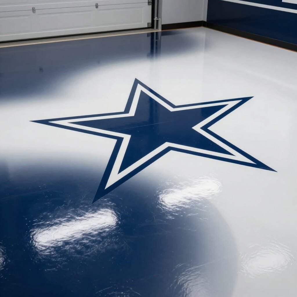 A polished epoxy garage floor with a large Dallas Cowboys star logo in the center.