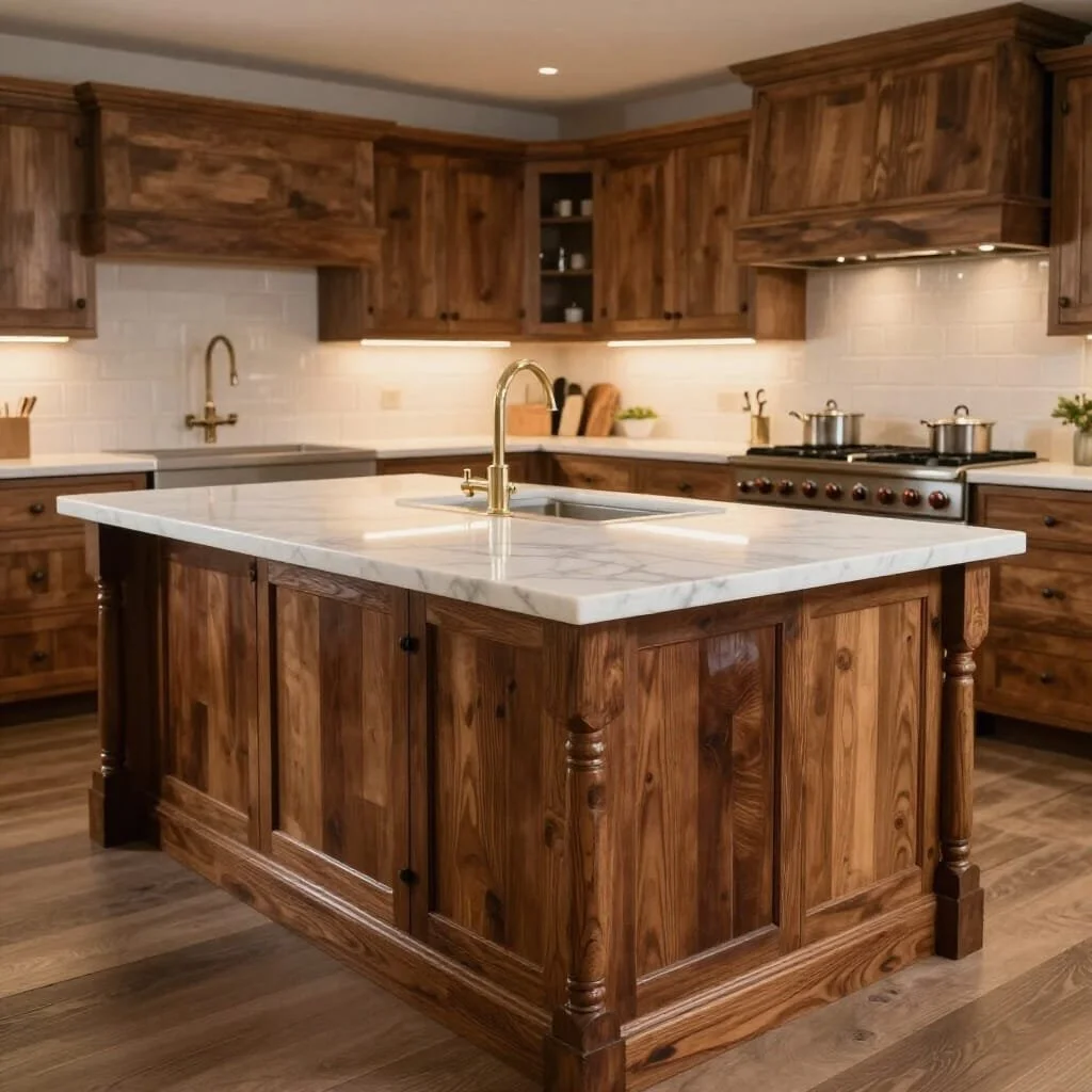 Kitchen with a wooden island, white epoxy marble countertop, brass faucet, wooden cabinets, and stainless steel stove with pots.