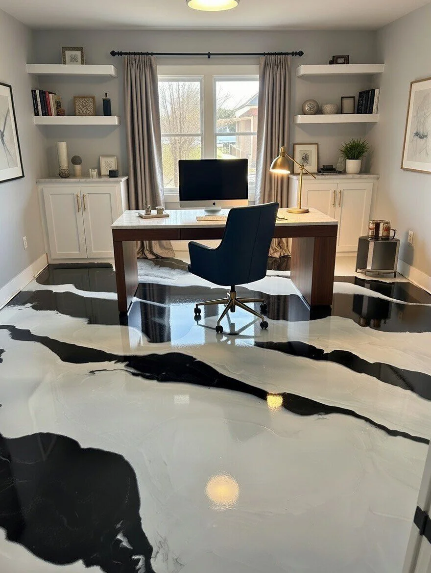 View of a modern home office with a desk, office chair, computer, and window. The floor has an epoxy black and white panda marble design, and the room is decorated with shelves, framed art, and decorative items.
