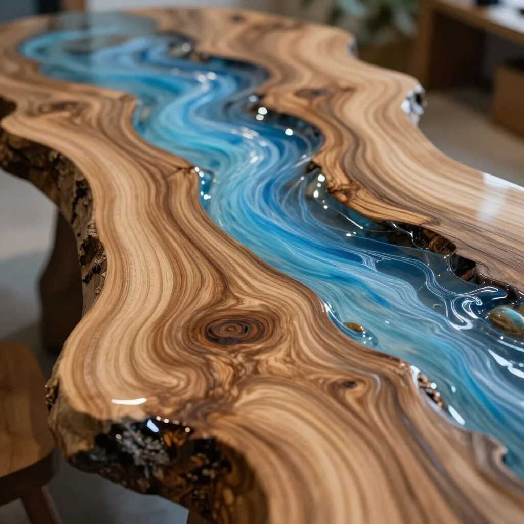 A wooden table with a carved, natural edge featuring a blue epoxy resin river running through the center.