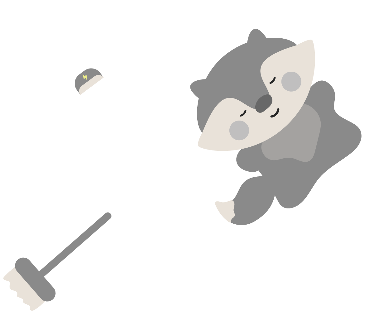 Cute illustration of a gray and white sleeping wolf curled up, with a broom and dustpan nearby.