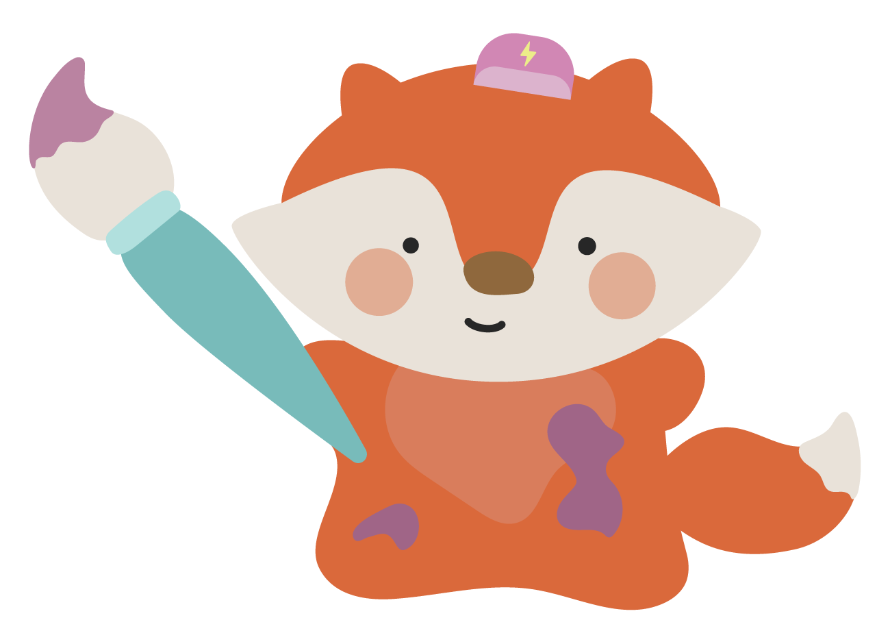 Cute cartoon fox dressed as a nurse with a purple hat featuring a yellow lightning bolt, holding a large syringe, with a happy facial expression.