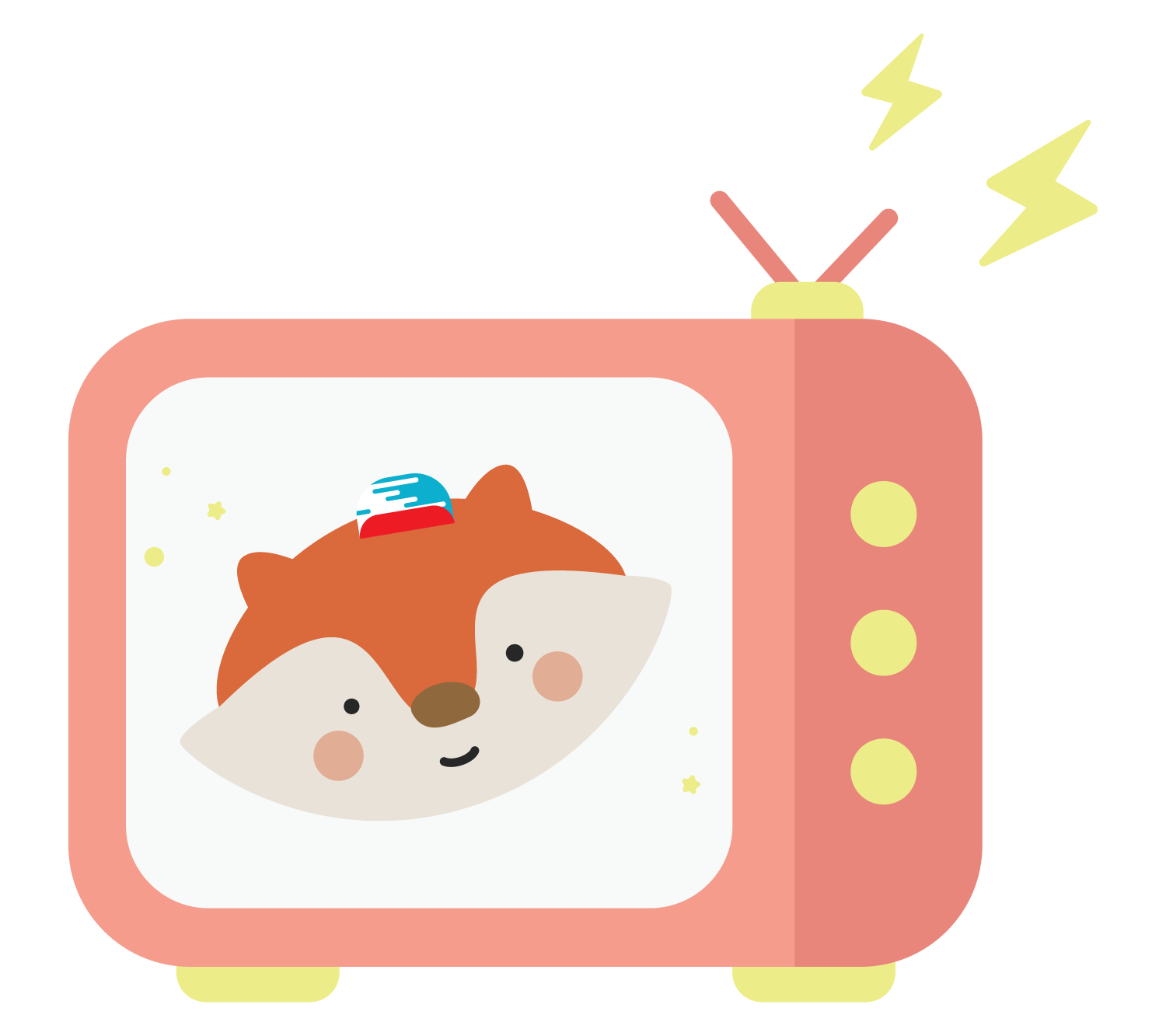 Cute cartoon television with a smiling fox image on the screen and yellow knobs on the side, with yellow lightning bolts on top.