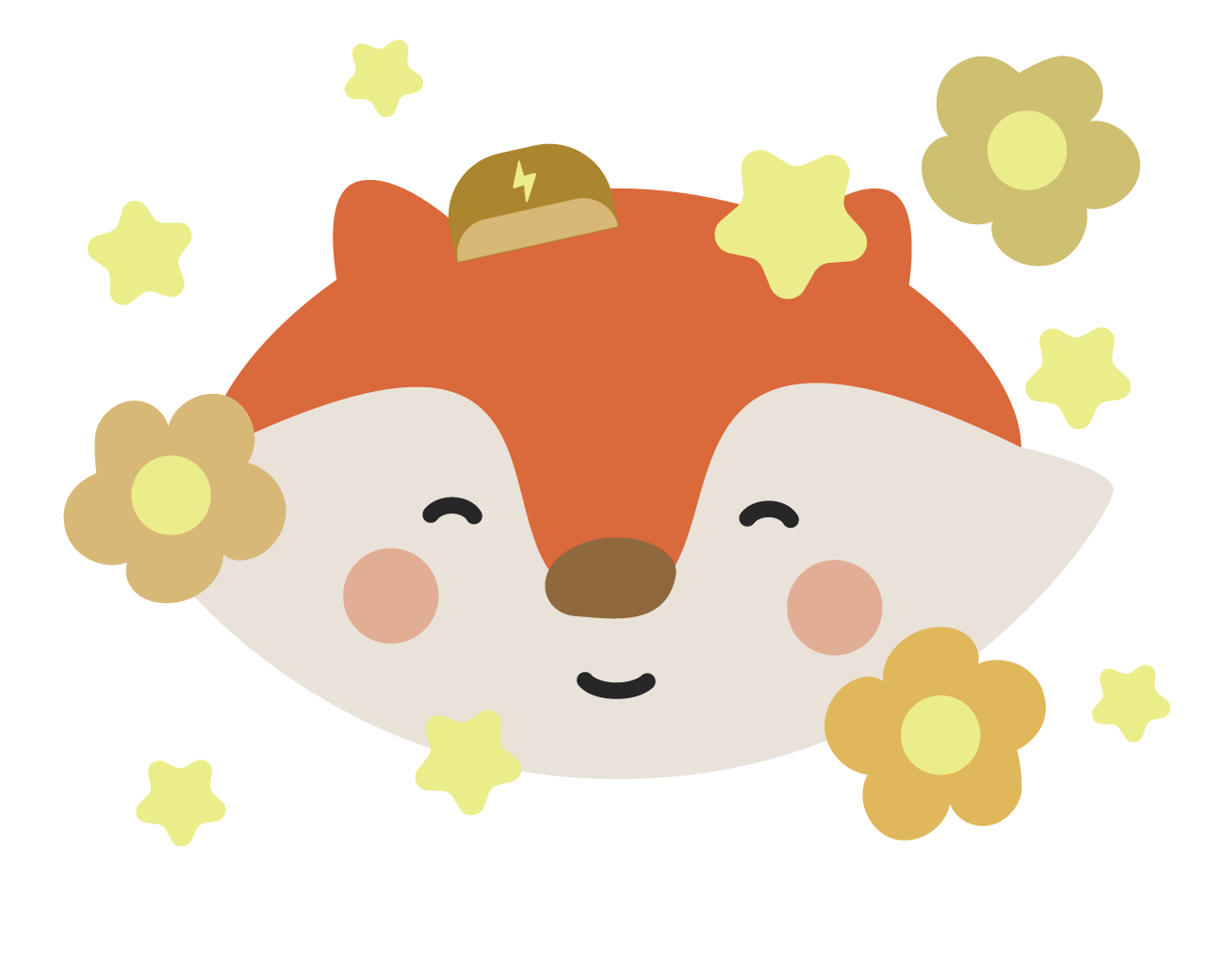 Cute illustrated fox with closed eyes, rosy cheeks, surrounded by yellow flowers, stars, and white dots, set against a black background.