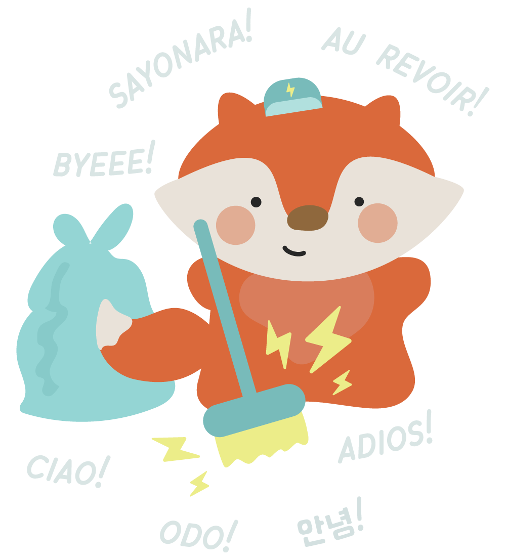 Cartoon raccoon holding a broom and a trash bag, surrounded by greetings in multiple languages.
