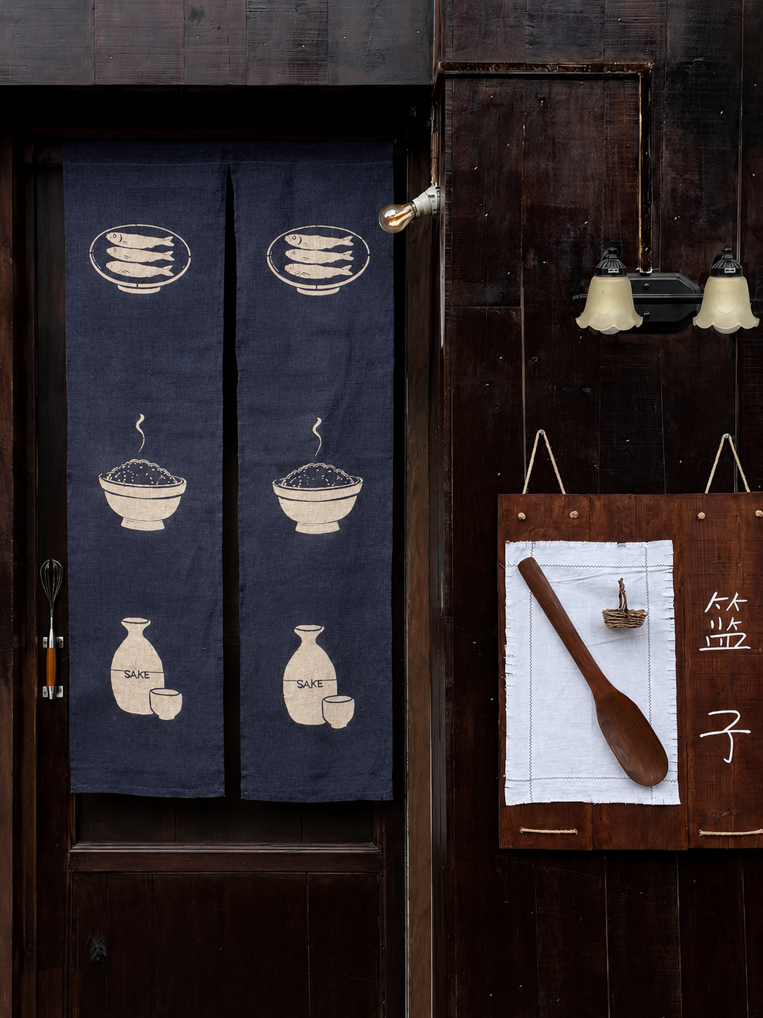 Sakana & Sake Katazome Ramie Noren - Japanese Doorway Curtain