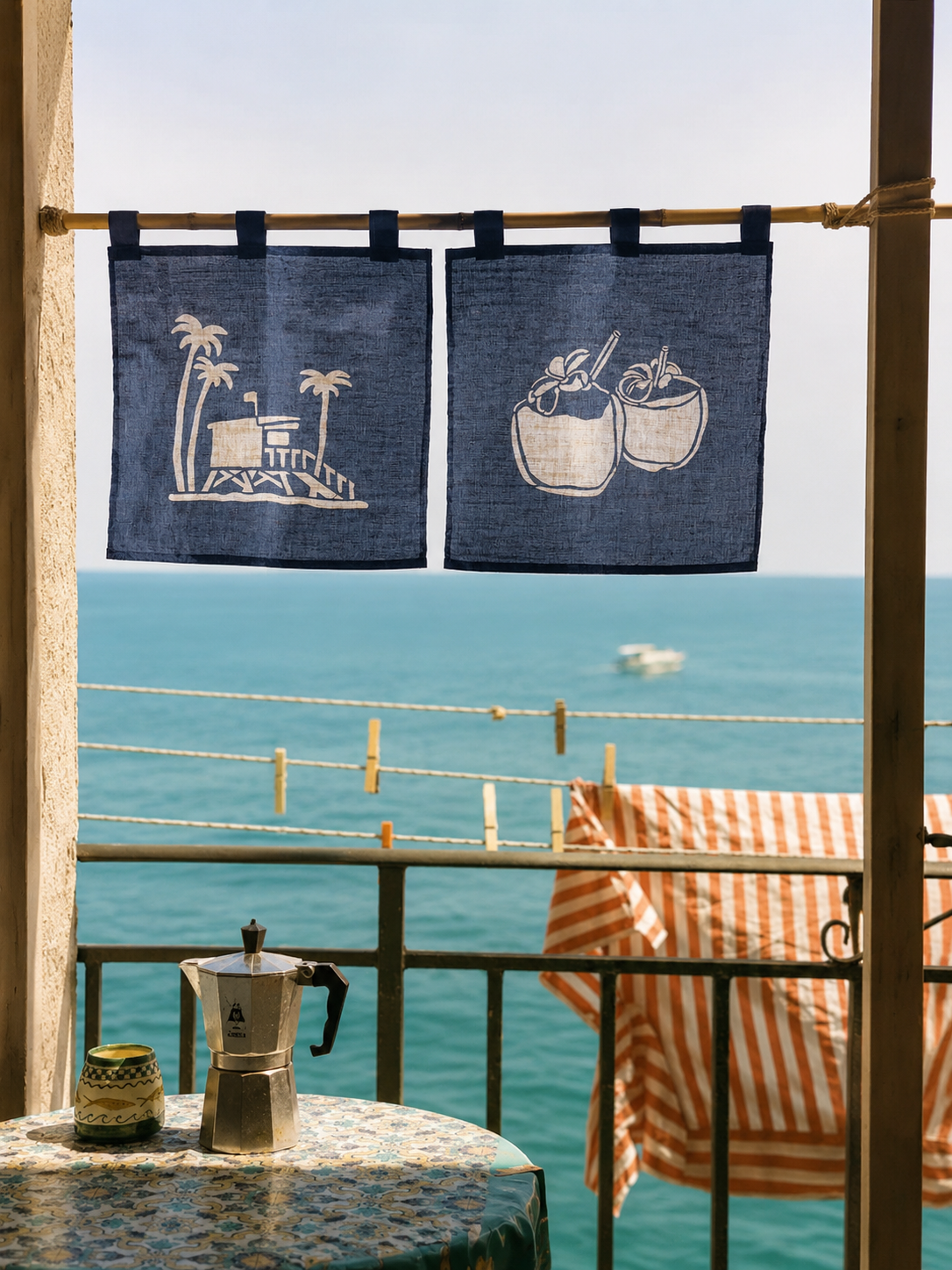 Coconut Coast Katazome Ramie Half Noren Curtain