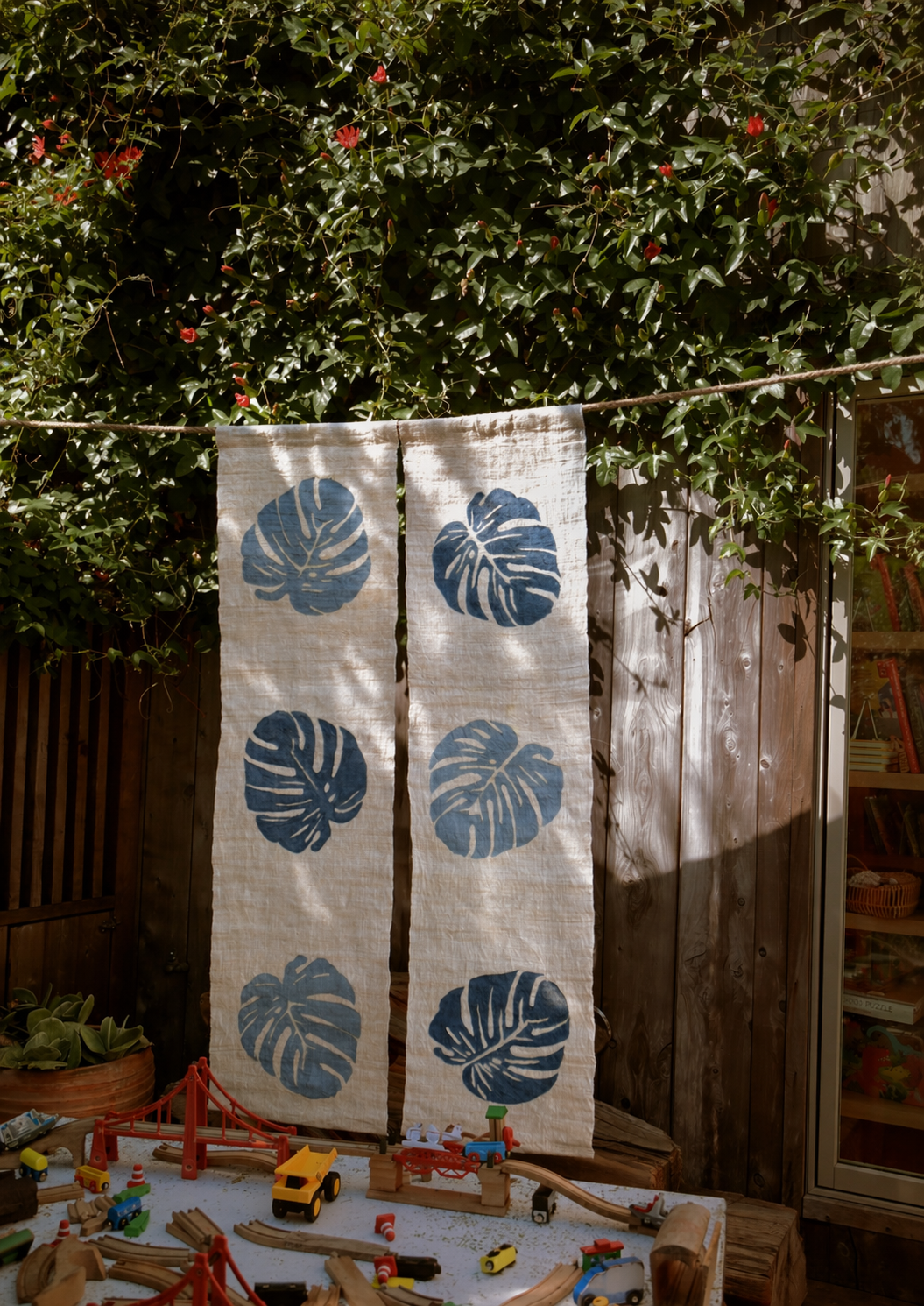 Monstera Noren Curtain - Botanical Hand-Painted on Natural Ramie