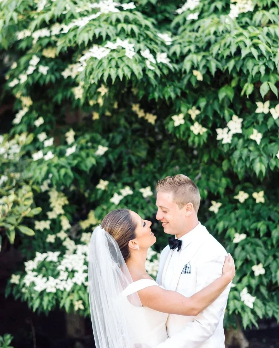 Bride and groom embracing under a flowering dogwood tree at the Tuxedo Club in Tuxedo Park, NY