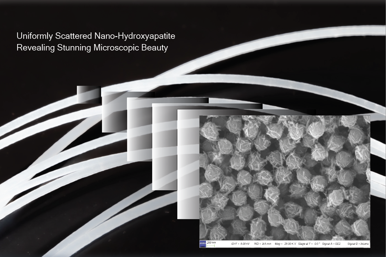 Nano-hydroxyapatite coated copolymer under SEM showing a detailed microscopic view of uniformly scattered nano-hydroxyapatite.
