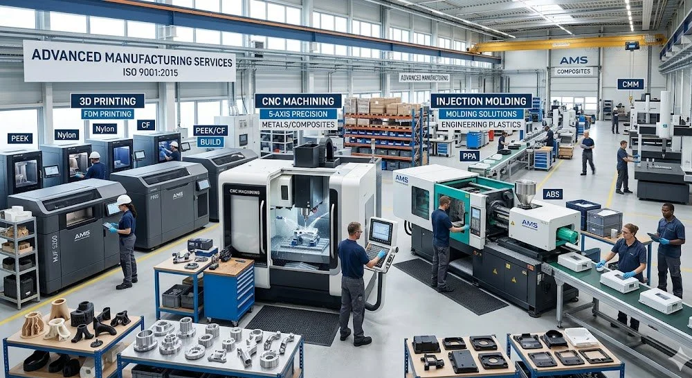 Advanced manufacturing services, including 3D printing, CNC machining, injection molding, and tubing extrusion, etc.