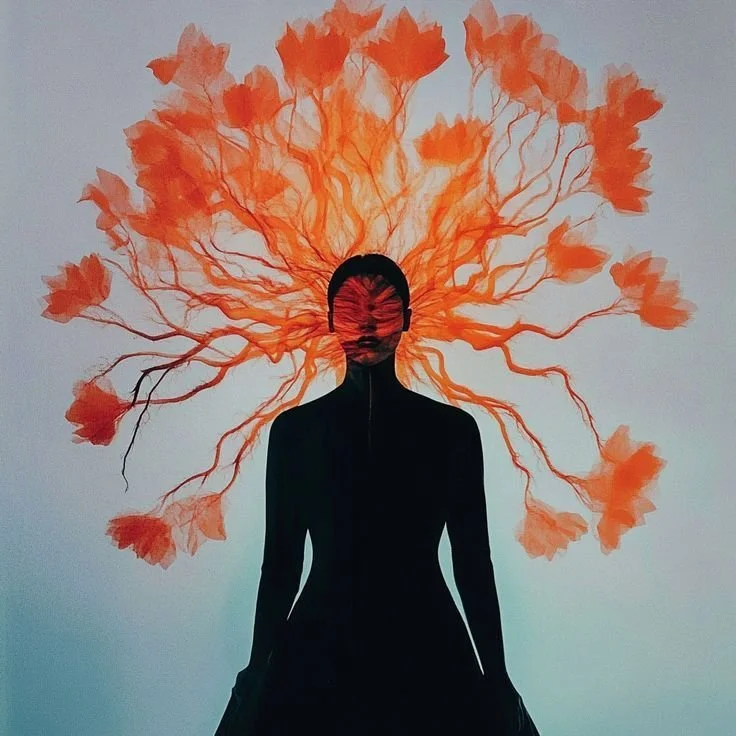 Digital illustration of a woman's profile with a glowing, colorful human brain and flowing neon lights representing thought and energy.