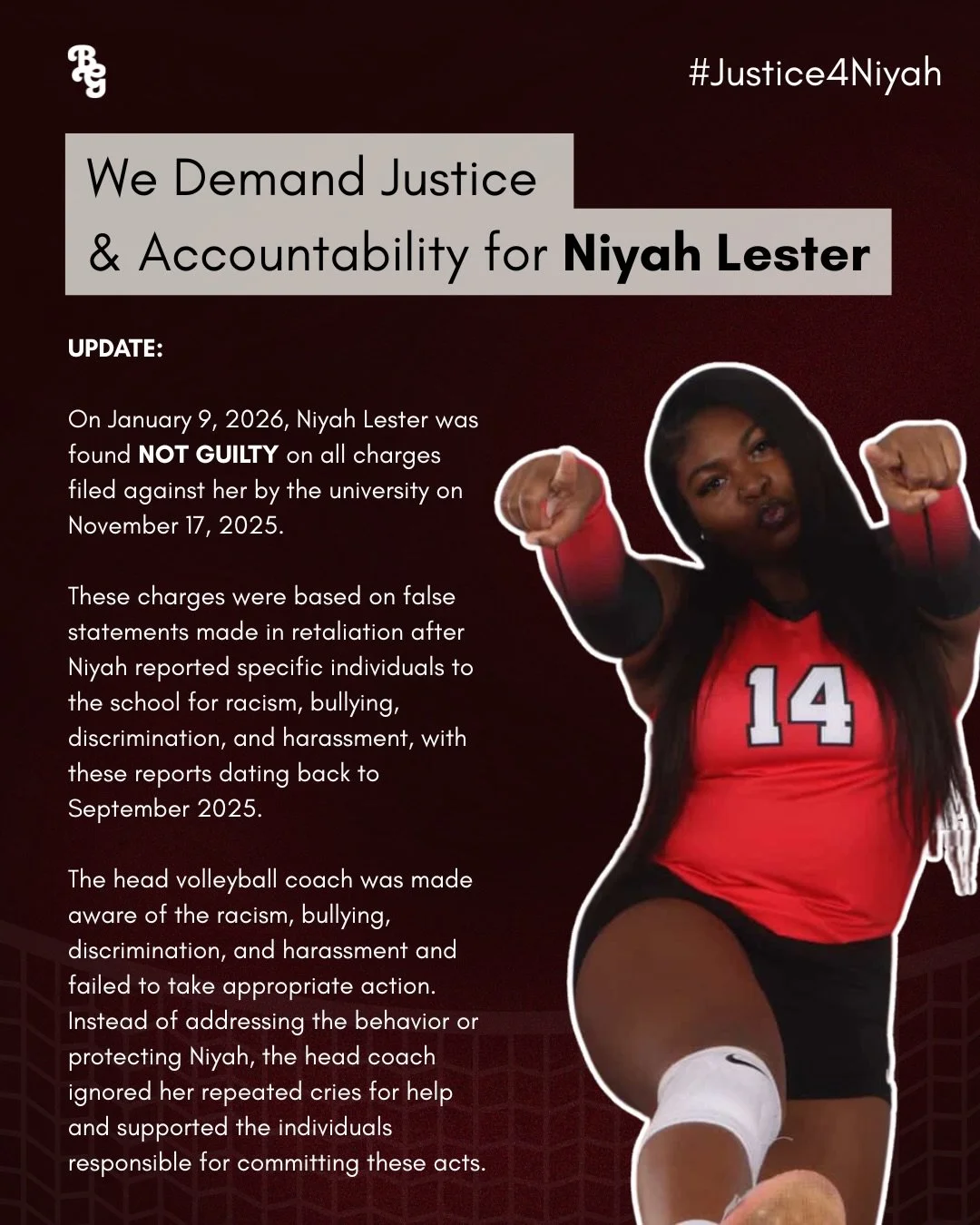 Niyah Lester has been found &ldquo;NOT Guilty&rdquo; on charges filed by the University. Please continue to share her story and support the petition linked in our bio. Those responsible have not been held accountable.