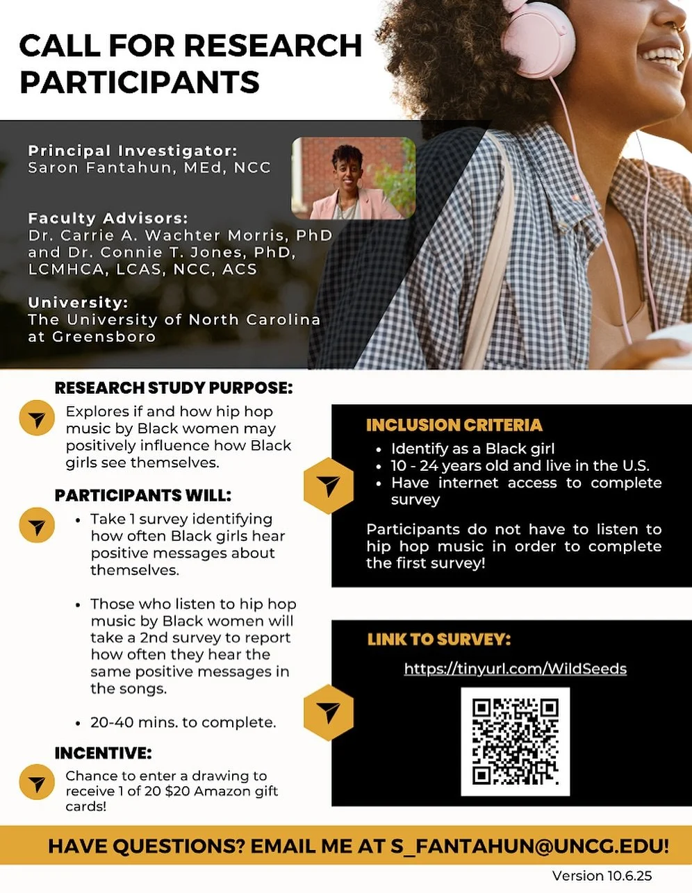 CALL FOR PARTICIPANTS!!

Saron Fantahun is inviting Black girls and young women ages 10 to 24 to take part in her dissertation survey about the positive messages Black girls hear about themselves in everyday life and in hip hop.

The survey takes abo