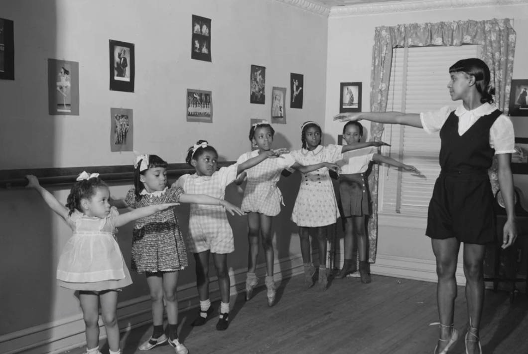 1941 photo with dancer Bernice Hammond teaching ballet to young girls at her dance studio on U Street, N.W., in Washington D.C. High