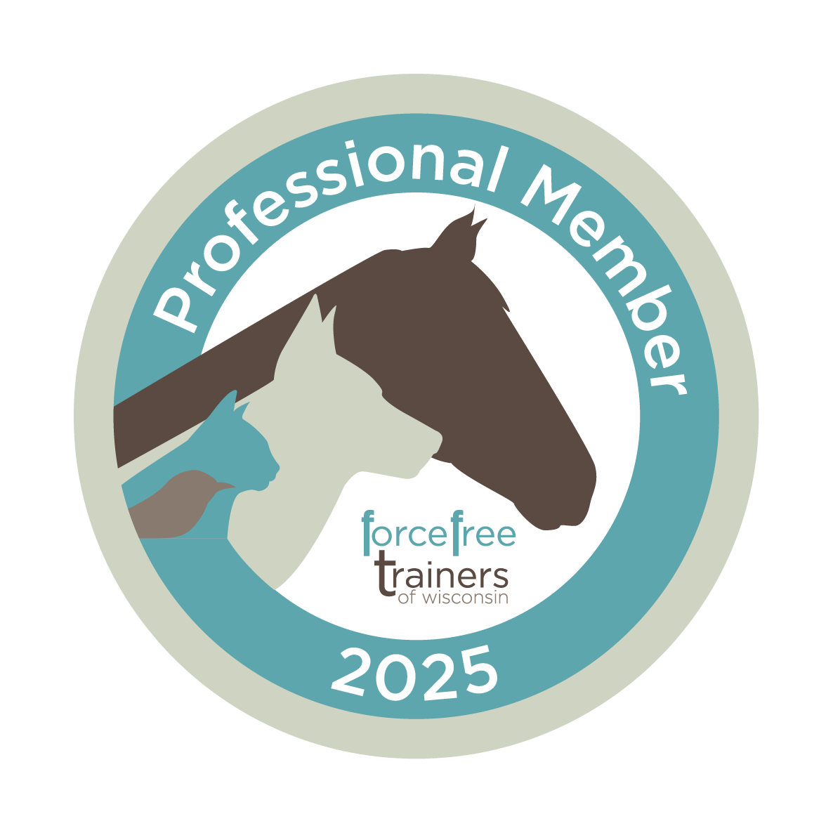 A circular badge with the words 'Professional Member' at the top and '2025' at the bottom. The center features a silhouette of a horse's head in dark brown, a dog's head in off-white, and a cat's head in blue. Below the animals, it says 'forcefree trainers of wisconsin'.