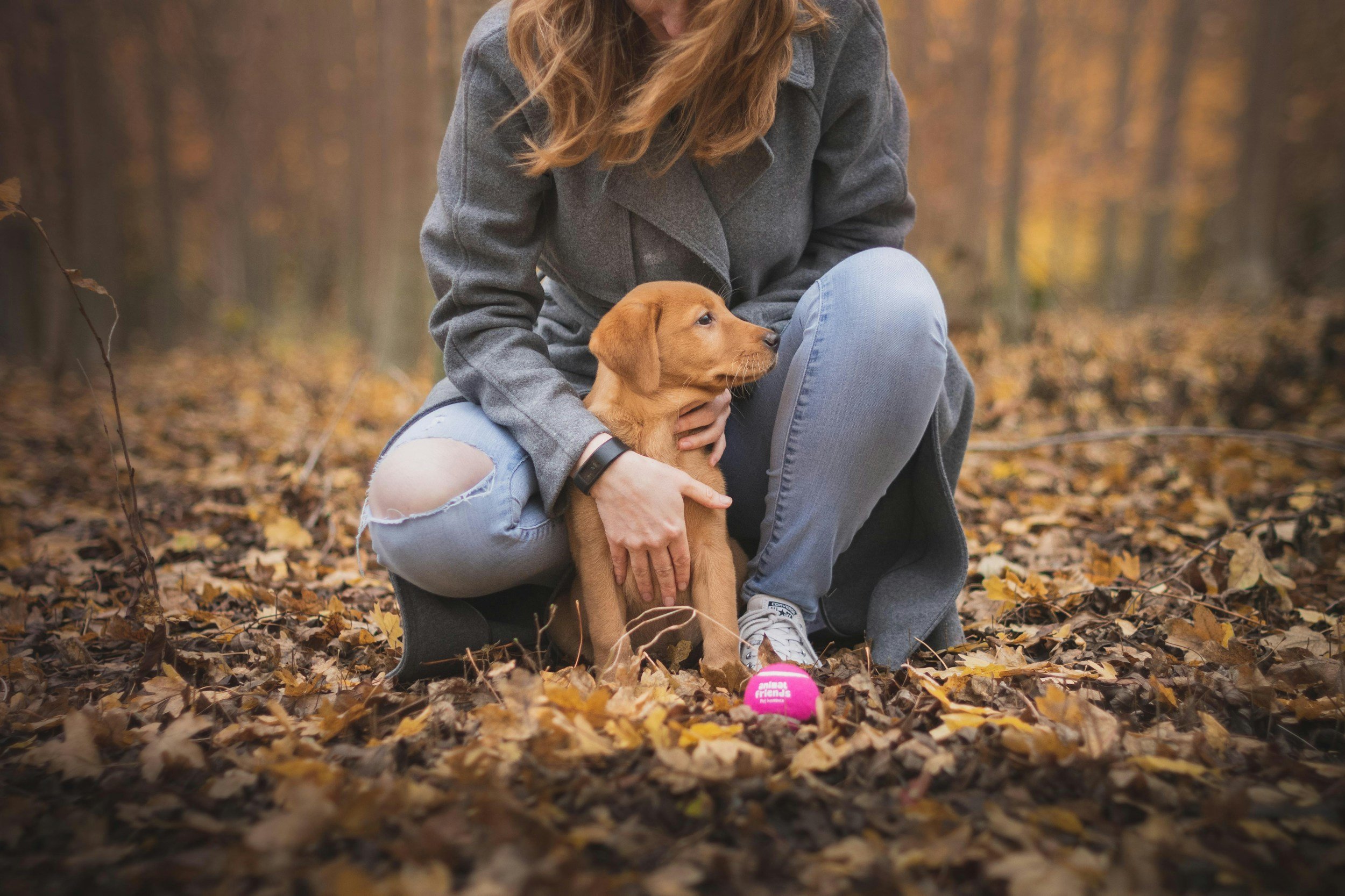 a woman kneeling with her puppy in front of her, between her legs. She is gently restraining the puppy with one hand on its chest and the other on its neck.