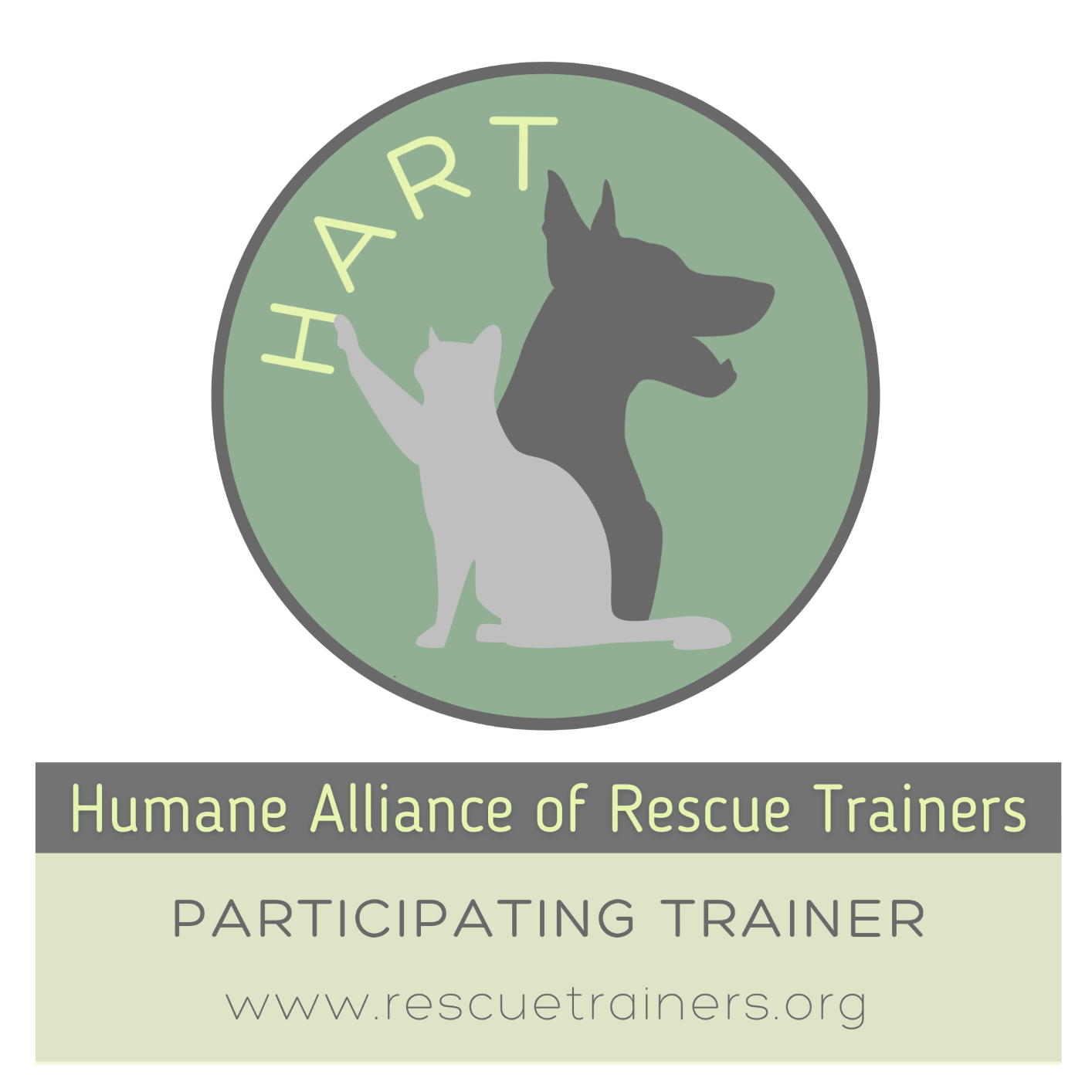 Logo for Humane Alliance of Rescue Trainers featuring a silhouette of a sitting cat and a standing dog within a green circle, and text indicating 'Participating Trainer' and the website www.rescuetrainers.org.