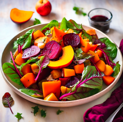  Roasted Butternut & Beet Salad with Rainbow Chard & Fruit