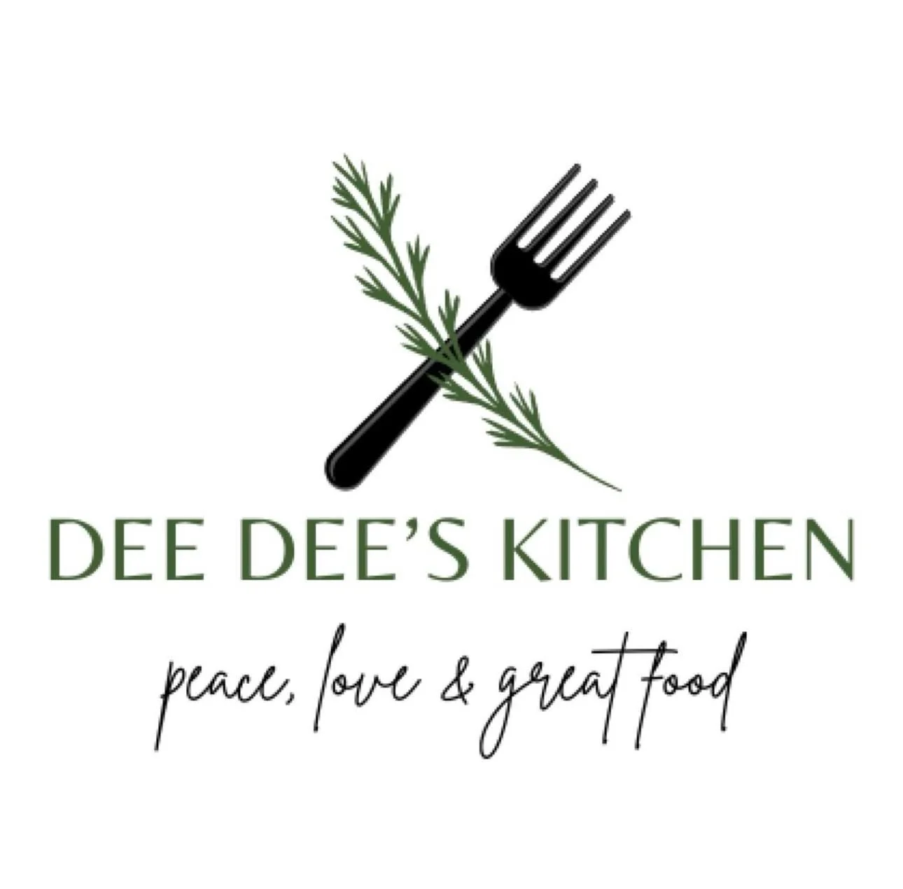 Logo for Dee Dee's Kitchen featuring a fork with herbs and the tagline "peace, love & great food."