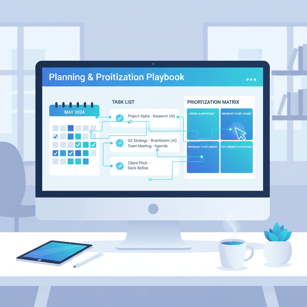 Computer monitor displaying a planning and prioritization playbook with task list and matrix, placed on a white desk next to a tablet, a stylus, a cup of coffee, and a small potted plant.